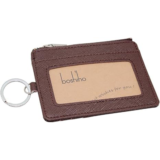Boshiho Saffiano Leather Credit Card Holder Coin Change Purse with Key Ring Keychain