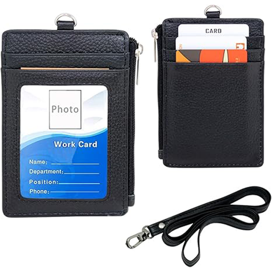 Badge Holder with Zipper - Boshiho Genuine Leather ID Badge Card Holder Wallet with 18.5" Neck Lanyard, 5 Card Slots Vertical Style