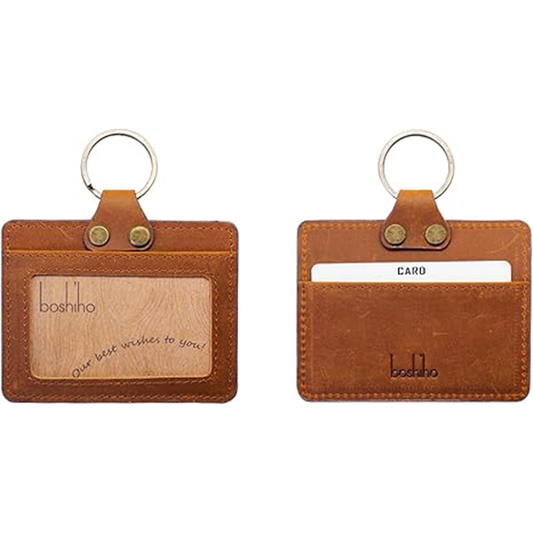 Badge Holder: Boshiho Cowhide Leather ID Badge Card Holder with 19" Neck Lanyard, Horizontal Style