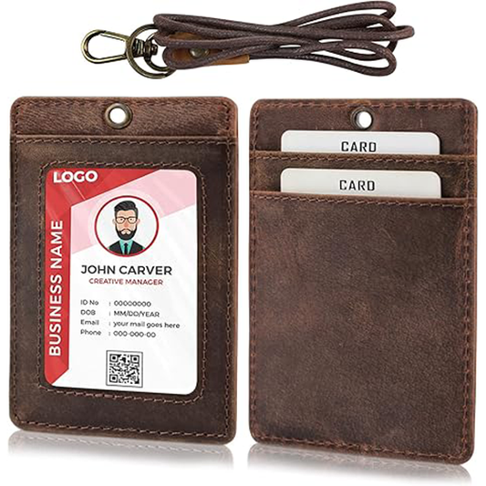 Boshiho Vertical Style Cowhide Leather ID Card Badge Holder with Heavy Duty Lanyard