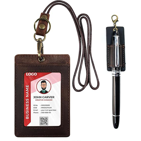 Office Badge Holder - Boshiho Genuine Leather Credit ID Card Holder with Neck Lanyard Pen Clip Vertical Style