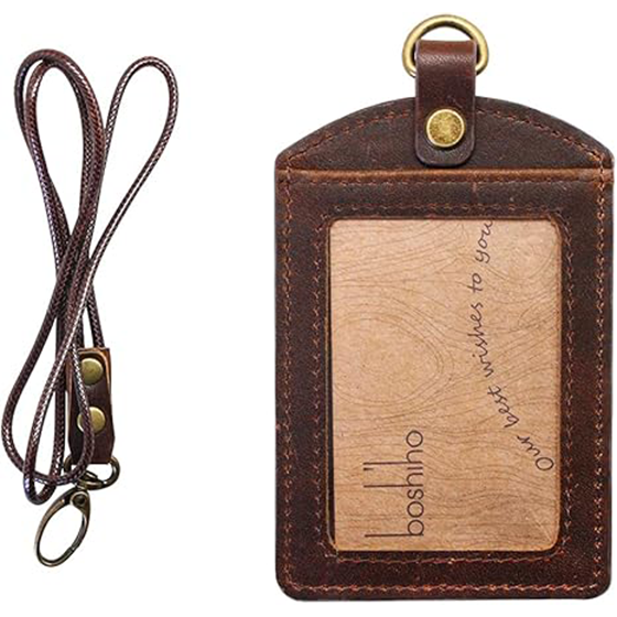 Badge Holder: Boshiho Cowhide Leather ID Badge Card Holder with 19" Neck Lanyard, Vertical Style