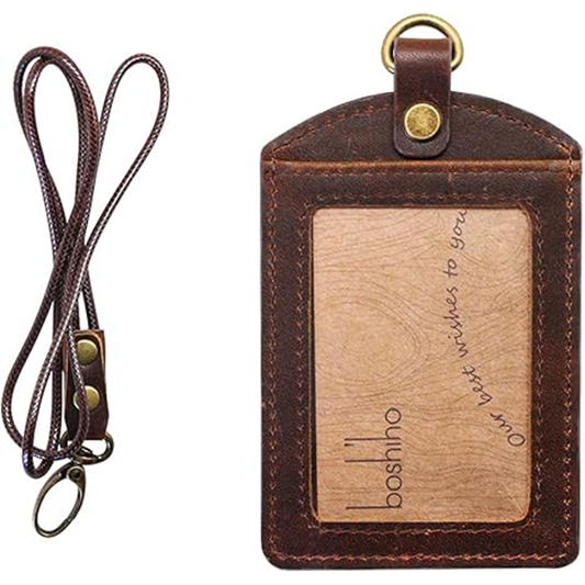 Badge Holder: Boshiho Cowhide Leather ID Badge Card Holder with 19" Neck Lanyard, Vertical Style