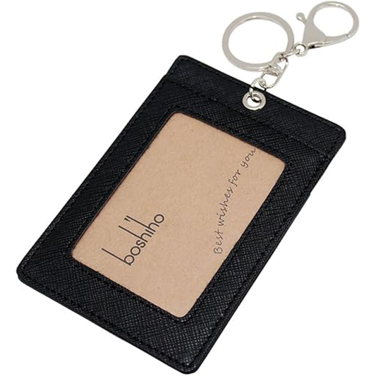 Boshiho Vertical Style Leather ID Card Badge Holder with Keychain Key Ring