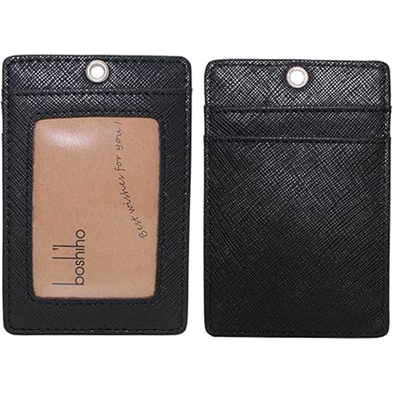 Boshiho Vertical Style Leather ID Card Badge Holder with Heavy Duty Lanyard