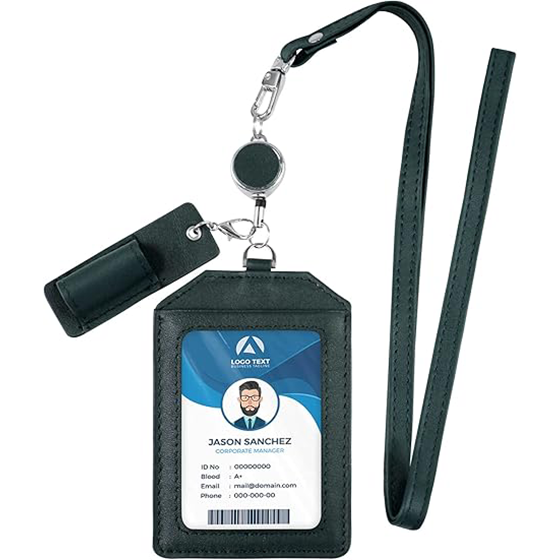 Office Badge Holder - Boshiho Genuine Leather Credit ID Card Holder with Stretch Neck Lanyard Vertical Style