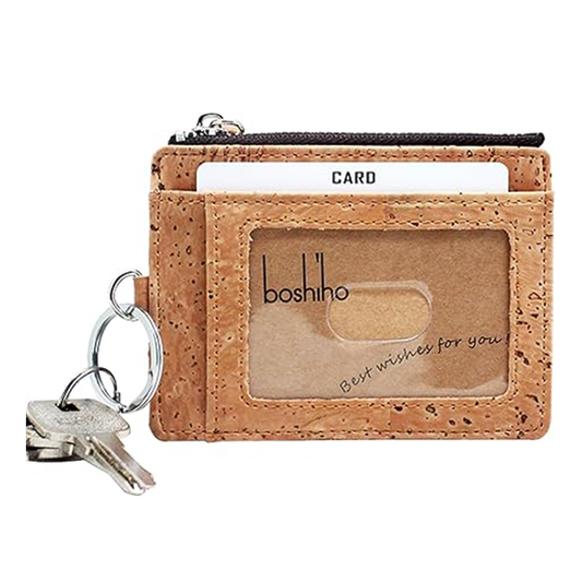 boshiho Natural Cork Credit Card Holder Coin Change Purse with Key Ring Keychain