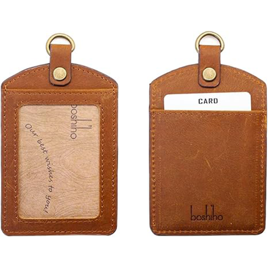 Badge Holder: Boshiho Cowhide Leather ID Badge Card Holder with 19" Neck Lanyard, Vertical Style