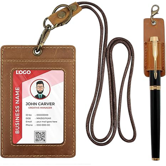 Office Badge Holder - Boshiho Genuine Leather Credit ID Card Holder with Neck Lanyard Pen Clip Vertical Style