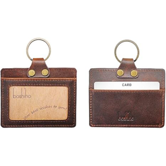 Badge Holder: Boshiho Cowhide Leather ID Badge Card Holder with 19" Neck Lanyard, Horizontal Style