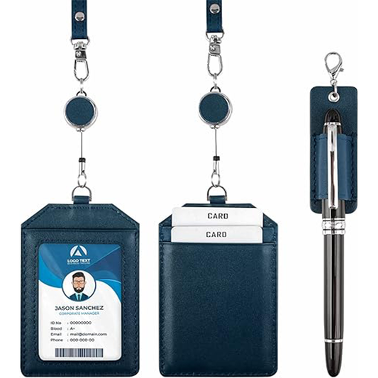 Office Badge Holder - Boshiho Genuine Leather Credit ID Card Holder with Stretch Neck Lanyard Vertical Style