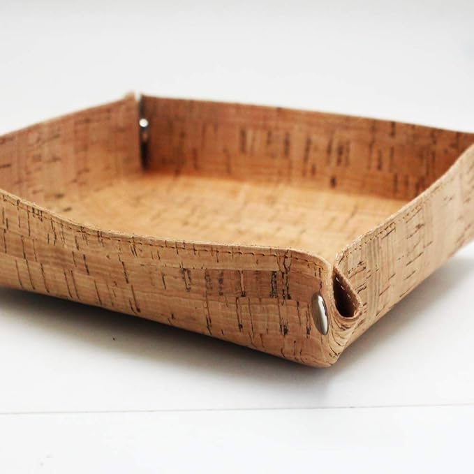 Boshiho Valet Tray for Men, Natural Cork Jewelry Catchall Key Phone Coin Box Change Caddy Bedside Storage Box