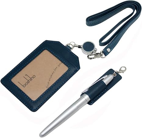 Office Badge Holder - Boshiho Genuine Leather Credit ID Card Holder with Stretch Neck Lanyard Vertical Style