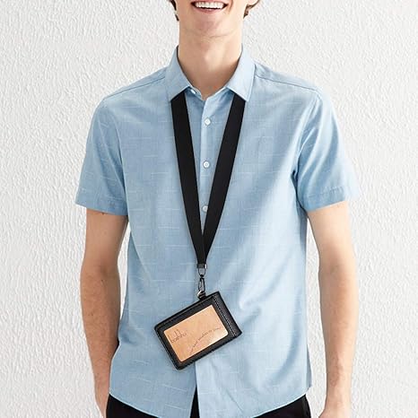Boshiho Leather ID Card Badge Holder with Wide Lanyard for Men and Women, Vertical Style