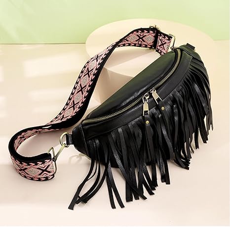 Fanny Packs for Women Fringe Purse Leather Chest Bag Waist Bag Casual Crossbody Bag with Zipper Pockets Travel Festival Sports Hiking Running