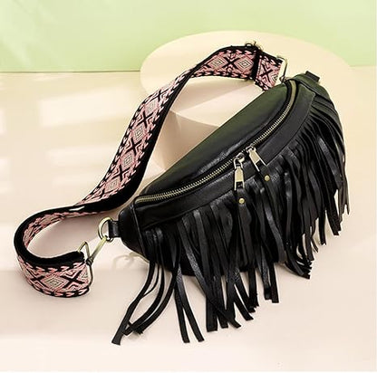 Fanny Packs for Women Fringe Purse Leather Chest Bag Waist Bag Casual Crossbody Bag with Zipper Pockets Travel Festival Sports Hiking Running