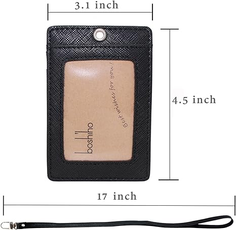 Boshiho Vertical Style Leather ID Card Badge Holder with Heavy Duty Lanyard