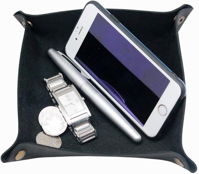 boshiho Valet Tray for Men, Leather Jewelry Catchall Key Phone Coin Box Change Caddy Bedside Storage Box
