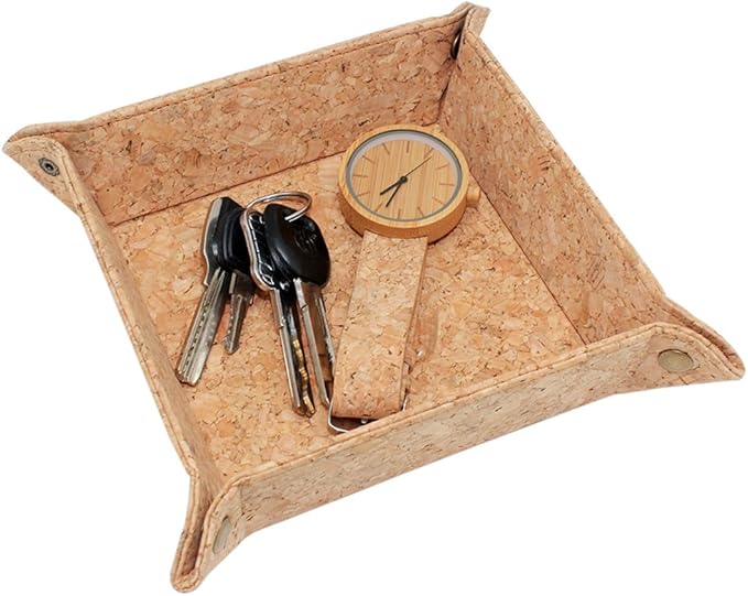 boshiho Valet Tray for Men, Natural Cork Jewelry Catchall Key Phone Coin Box Change Caddy Bedside Storage Box Eco-friendly Vegan Gift