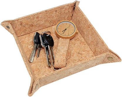 boshiho Valet Tray for Men, Natural Cork Jewelry Catchall Key Phone Coin Box Change Caddy Bedside Storage Box Eco-friendly Vegan Gift