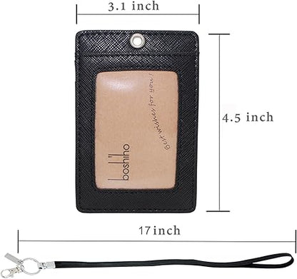Boshiho Vertical Style Leather ID Card Badge Holder with Heavy Duty Lanyard