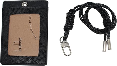 Boshiho Vertical Style Leather ID Card Badge Holder with Heavy Duty Lanyard