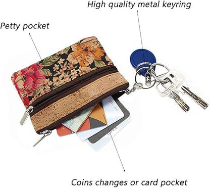 Eco-friendly Natural Cork Coin Purse, Boshiho Mini Coin Change Wallet Credit Card Holder Zipper Pouch Vegan Wallet with Key Ring Keychain
