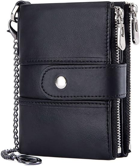 boshiho Real Leather RFID Blocking Bifold Wallets for Men Double Zipper Coin Pocket Purse with Anti-Theft Chain