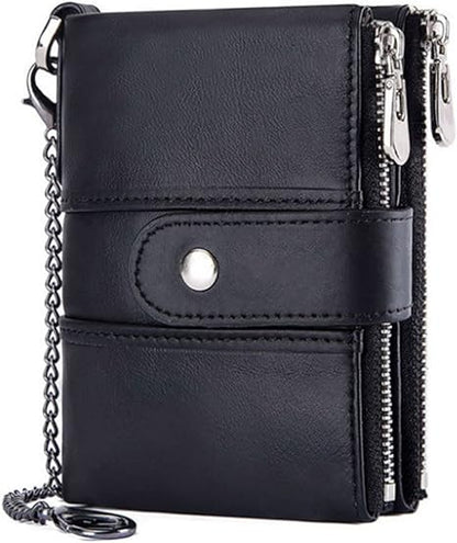 boshiho Real Leather RFID Blocking Bifold Wallets for Men Double Zipper Coin Pocket Purse with Anti-Theft Chain