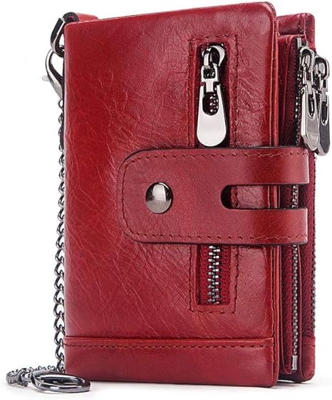 boshiho Real Leather RFID Blocking Bifold Wallets for Men Double Zipper Coin Pocket Purse with Anti-Theft Chain
