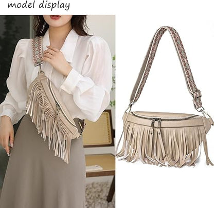 Fanny Packs for Women Fringe Purse Leather Chest Bag Waist Bag Casual Crossbody Bag with Zipper Pockets Travel Festival Sports Hiking Running