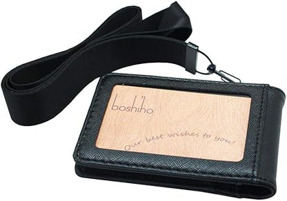 Boshiho Leather ID Card Badge Holder with Wide Lanyard for Men and Women, Vertical Style