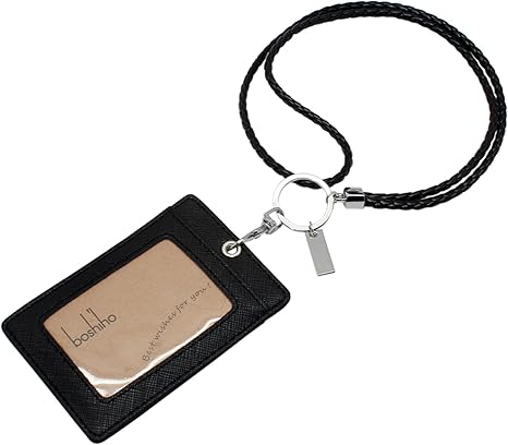 Boshiho Vertical Style Leather ID Card Badge Holder with Keychain Lanyard