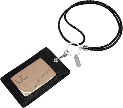 Boshiho Vertical Style Leather ID Card Badge Holder with Keychain Lanyard