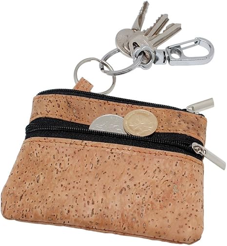 Eco-friendly Natural Cork Coin Purse, Boshiho Mini Coin Change Wallet Credit Card Holder Zipper Pouch Vegan Wallet with Key Ring Keychain