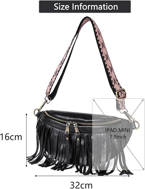 Fanny Packs for Women Fringe Purse Leather Chest Bag Waist Bag Casual Crossbody Bag with Zipper Pockets Travel Festival Sports Hiking Running