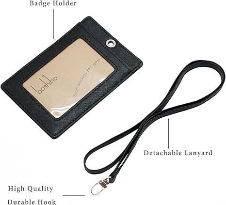 Boshiho Vertical Style Leather ID Card Badge Holder with Heavy Duty Lanyard