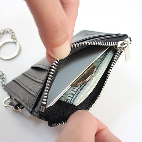 boshiho Saffiano Leather Credit Card Holder Coin Change Purse with Anti-Theft Chain