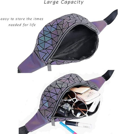 Fanny Packs for Women Men, Luminous Holographic Chest Bag Geometric Waist Pack for Travel, Festival, Running, Sports