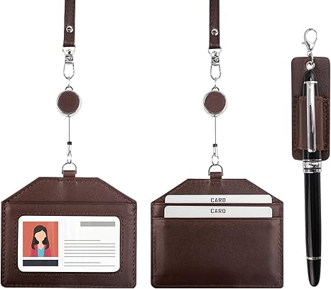 Office Badge Holder - Boshiho Genuine Leather Credit ID Card Holder with Stretch Neck Lanyard Horizontal Style