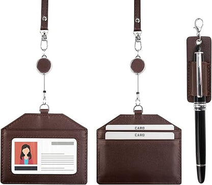 Office Badge Holder - Boshiho Genuine Leather Credit ID Card Holder with Stretch Neck Lanyard Horizontal Style