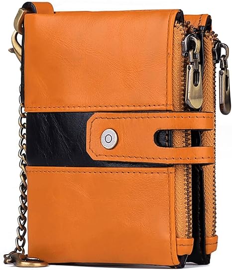 boshiho Real Leather RFID Blocking Bifold Wallets for Men Double Zipper Coin Pocket Purse with Anti-Theft Chain