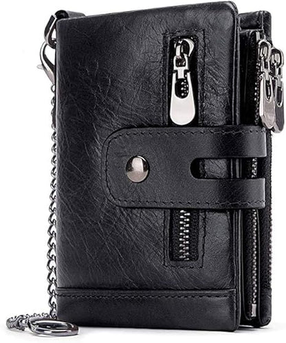 boshiho Real Leather RFID Blocking Bifold Wallets for Men Double Zipper Coin Pocket Purse with Anti-Theft Chain