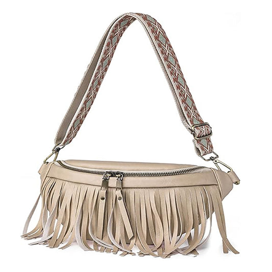 Fanny Packs for Women Fringe Purse Leather Chest Bag Waist Bag Casual Crossbody Bag with Zipper Pockets Travel Festival Sports Hiking Running