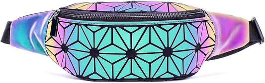 Fanny Packs for Women Men, Luminous Holographic Chest Bag Geometric Waist Pack for Travel, Festival, Running, Sports