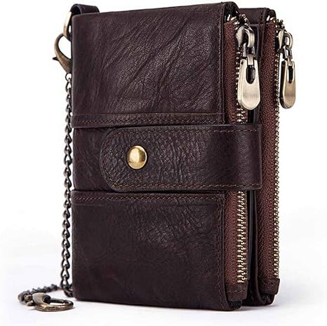 boshiho Real Leather RFID Blocking Bifold Wallets for Men Double Zipper Coin Pocket Purse with Anti-Theft Chain