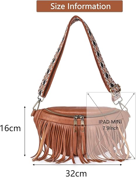 Fanny Packs for Women Fringe Purse Leather Chest Bag Waist Bag Casual Crossbody Bag with Zipper Pockets Travel Festival Sports Hiking Running