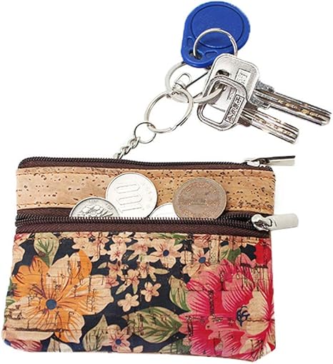 Eco-friendly Natural Cork Coin Purse, Boshiho Mini Coin Change Wallet Credit Card Holder Zipper Pouch Vegan Wallet with Key Ring Keychain