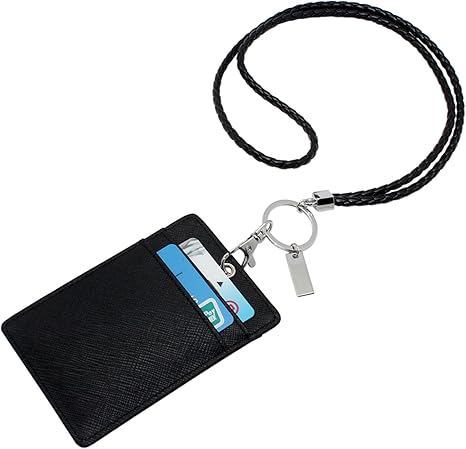 Boshiho Vertical Style Leather ID Card Badge Holder with Keychain Lanyard