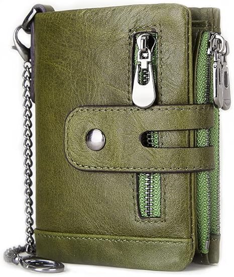 boshiho Real Leather RFID Blocking Bifold Wallets for Men Double Zipper Coin Pocket Purse with Anti-Theft Chain